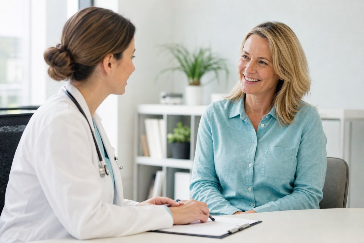 A doctor at Thrive Health Path listening warmly to a smiling patient