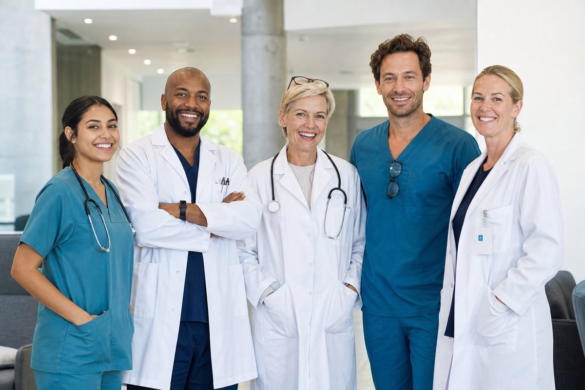 The diverse Thrive Health Path team standing together in a bright clinic